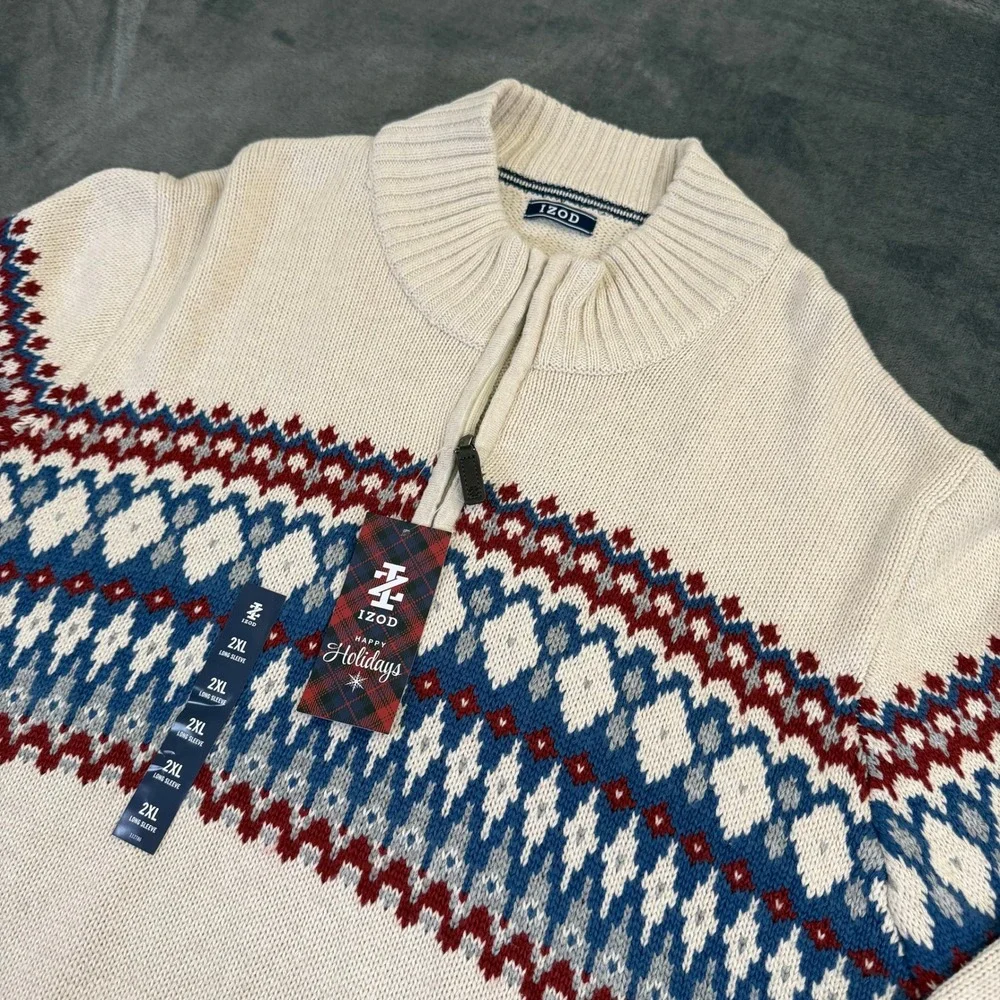 IZOD Fair Isle Quarter Zip Sweater Mens 2XB Big Cream Knit Holiday NWT